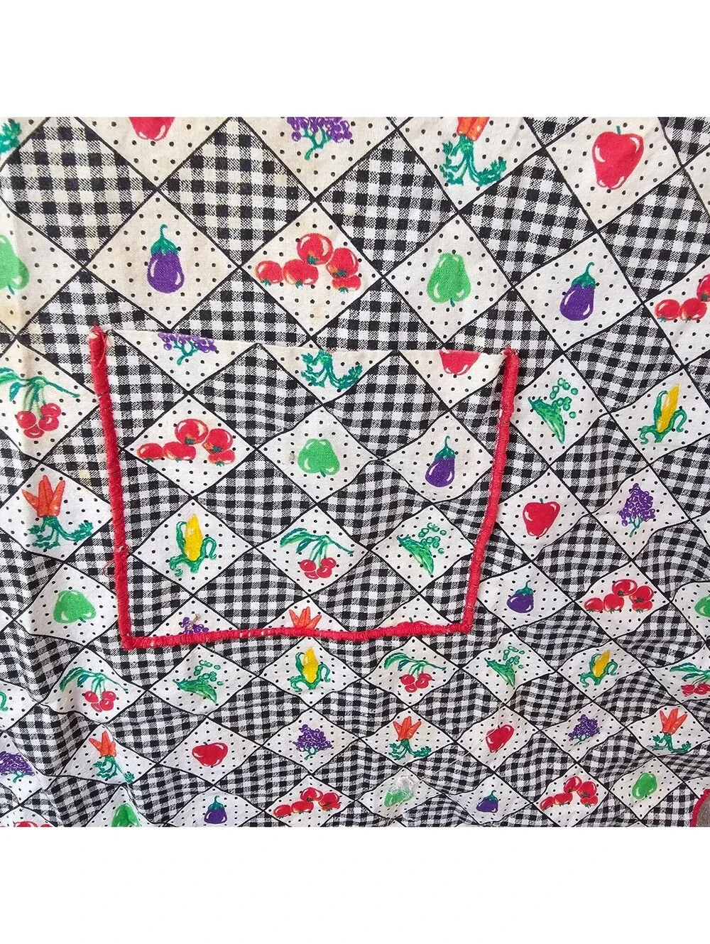 Vintage Gingham Apron Black White Red Trim Fruits Vegetables Floral Pattern